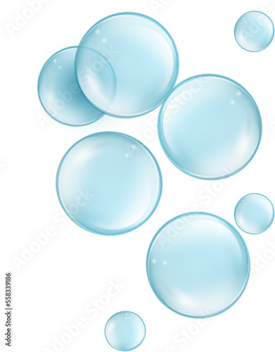 Water bubbles set PNG isolated. Translucent Cosmetic aqua. Realistic blue bubbles with reflection.