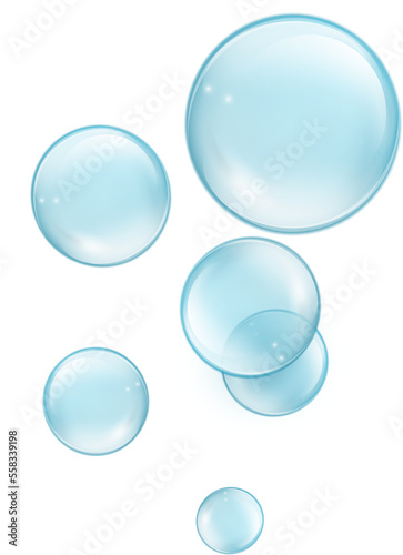Water bubbles set PNG isolated. Translucent Cosmetic aqua. Realistic blue bubbles with reflection.