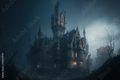 Vampire castle, night, fog, dark fantasy, haunted castle, landscape, art illustration