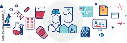 Medicine concept. Healthcare color icons. Hospital treatment set