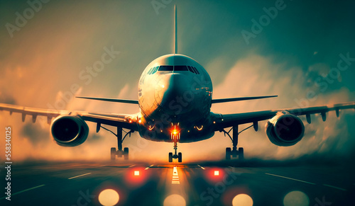 Abstract art. Colorful painting art of a modern airplane landing at the airport. Background illustration. Generative AI.