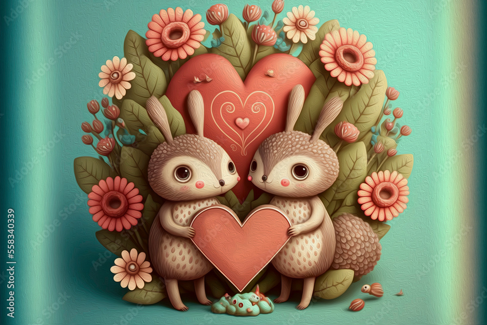 Bunny Rabbit characters holding a heart valentines day greeting card - generative ai