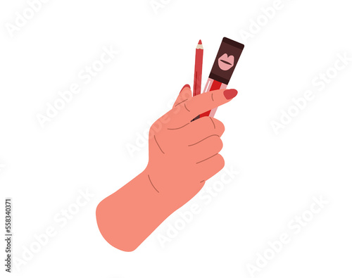 Female hand holds pencil and lipstick in red color.Vector illustration