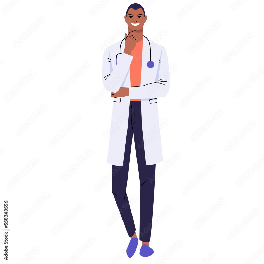 The black doctor thinks. A medical worker dreams, makes plans, makes decisions. A man in a white coat and a stethoscope. The character is isolated on a white background. Flat vector. The black doctor thinks. A medical worker dreams, makes plans, makes decisions. A man in a white coat and a stethoscope. The character is isolated on a white background. Flat vector.