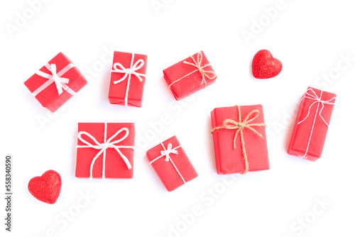 Red gift box with bow and Red glitter heart isolated on white background