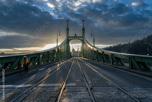 Empty bridge at sunset, Liberty Bridge in Budapest