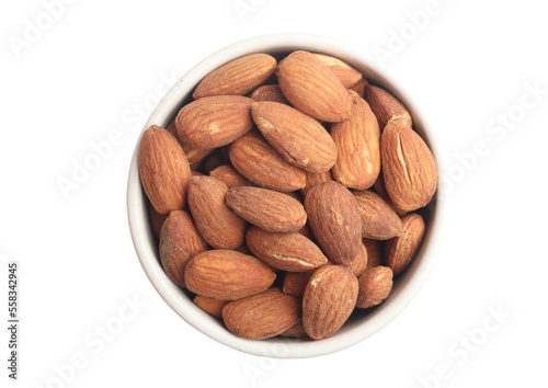 Almonds in a cup on a white background