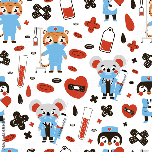 Medical pattern with animal doctor on white background for kids in cartoon style for print or fabric