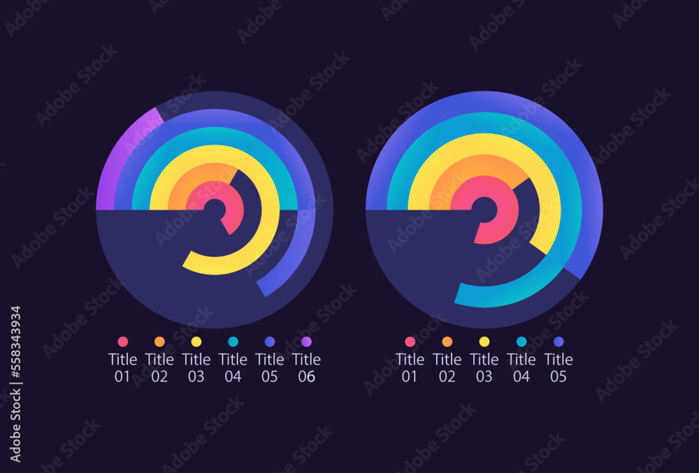 Radial bar infographic chart design template set for dark theme ...