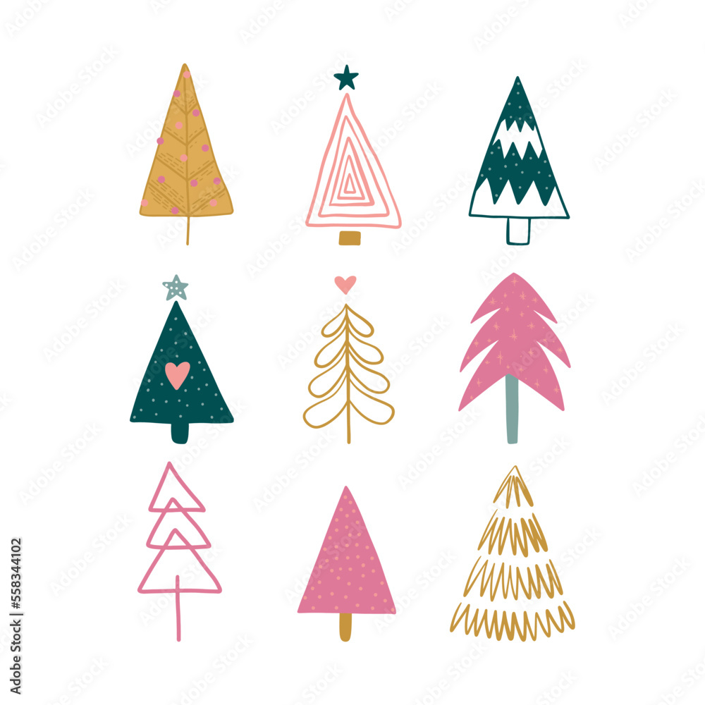 Hand drawn set of Christmas trees. Holidays modern background. Abstract doodle drawing woods. Vector art illustration Hand drawn set of Christmas trees. Holidays modern background. Abstract doodle drawing woods. Vector art illustration