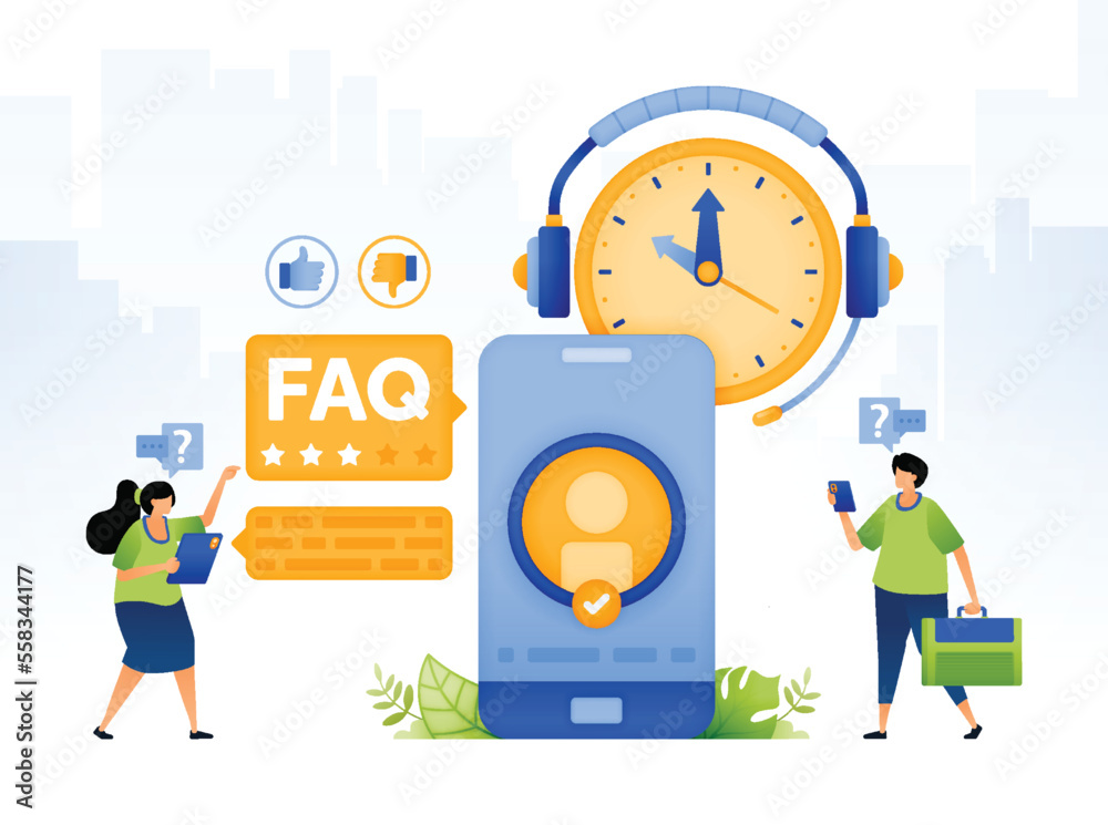design illustrations of 24 hour complaints FAQ apps to customer service. Customer support services using apps helps users to solve problems. can be used for web, website, posters, apps, brochures