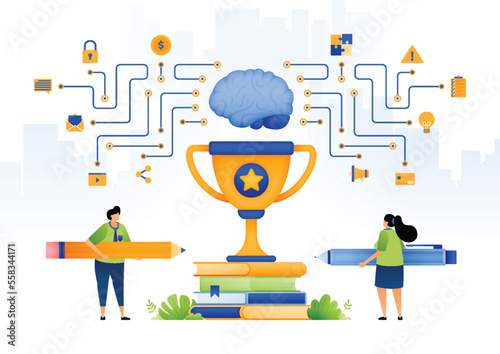 illustration of artificial intelligence for education. student recipients of scholarships based on Ai tech. tropy with brains and networks. can be used for web, website, posters, apps, brochures