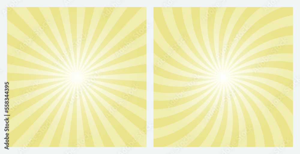 Yellow rays background. Abstract sunburst pattern background set. Khaki Yellow radial and swirl retro style background  in pop art style.