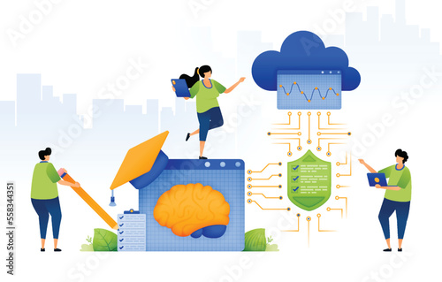 illustration of analyzing student merit with artificial intelligence. ai in education. protected and secure between cloud network and ai system. can be used for web, website, posters, apps, brochures