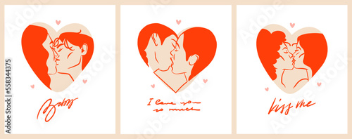 Hand drawn vector abstract graphic illustration Valentines day cards template, lesbian kissing couple portrait set in heart silhouette.Love couple kissing together.Valentines beautiful design concept.