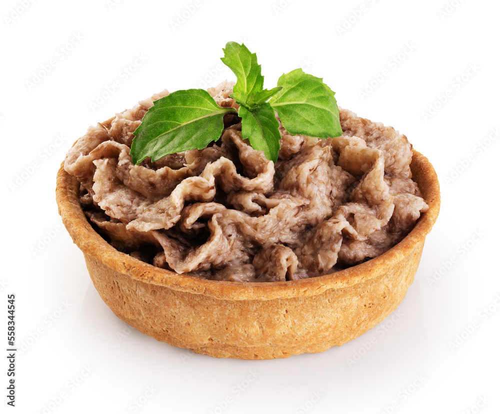 Tartlet with mushroom pate and basil isolated on white background. With clipping path. Tartlet with mushroom pate and basil isolated on white background. With clipping path.