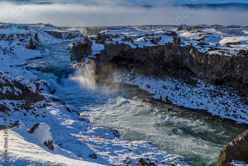 First snow around Godafoss waterfall in northern Iceland