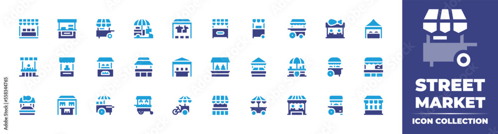 Street market icon collection. Duotone color. Vector illustration. Containing food stall, stand, snack booth, clothes, food cart, chicken, market, bakery, food stand, fish market, pareo, and more.