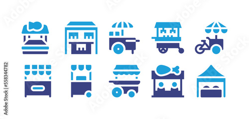 Street market icon set. Duotone color. Vector illustration. Containing fish market, pareo, food stall, stall, food cart, chicken.