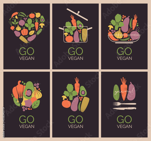 Set of banner templates with organic, healthy, vegan food. Posters with vector illustrations of vegetables, berries, dishes, cutlery, veggies, text "Go Vegan". For vegetarian cafe, book of recipes.