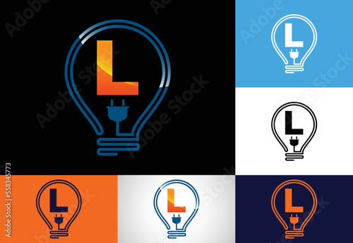 Initial alphabet L with an electric bulb. Electric bulb logo vector template. Electricity logo