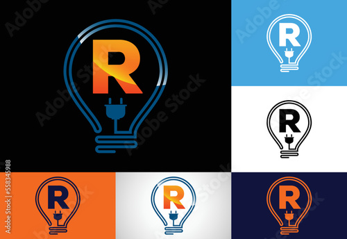 Initial alphabet R with an electric bulb. Electric bulb logo vector template. Electricity logo