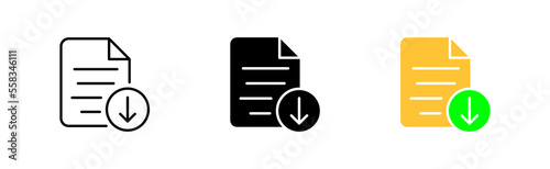 File download set icon. Information, text document, upload, folder, pdf file, private, book, note. Data set concept. Vector icon in line, black and colorful style on white background