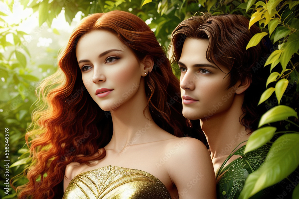 Beautiful Portrait Of Adam And Eve Together In The Garden Of Eden 