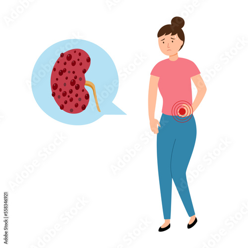 Woman suffering from chronic kidney disease in flat design.