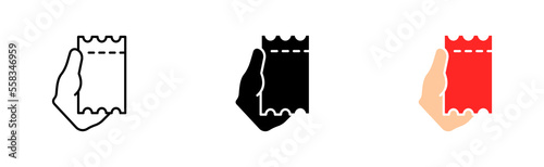 Hand holding Tickets set icon. Travel, worldwide, discount coupon, star, vip, leter, email, digital, share, print, cash register. Entertainment concept. Vector icon in line, black and colorful style