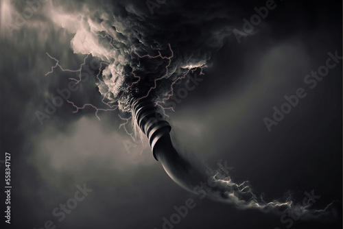 Un longue et fine tornade avec des éclairs - ambiance dramatique - illustration réalisée à l'aide d'un IA et retouchée photo