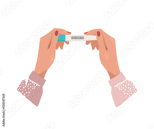 Woman s hands with a positive pregnancy test, two stripes on the test, pregnancy concept. Motherhood flat cartoon vector illustration isolated on white background.