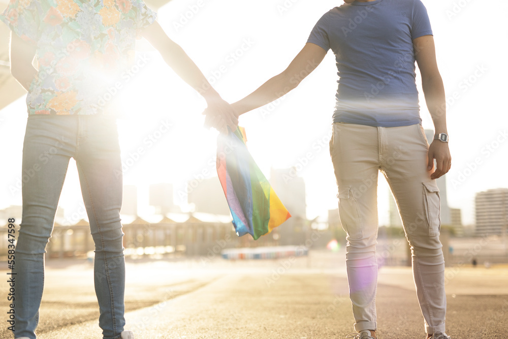 Obraz premium Two young men holding hands. LGBT community