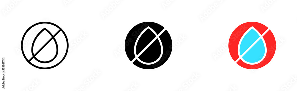 Crossed Drop of water. Liquid, monitor, drinking, sea, no entry with water, drinking water. Save the water. Beverage concept. Vector icon in line, black and colorful style on white background Crossed Drop of water. Liquid, monitor, drinking, sea, no entry with water, drinking water. Save the water. Beverage concept. Vector icon in line, black and colorful style on white background