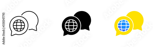 Speech bubble with globe line icon. Translate site into your language, show original, select language, polyglot. Versionist concept. Vector icon in line, black and colorful style on white background