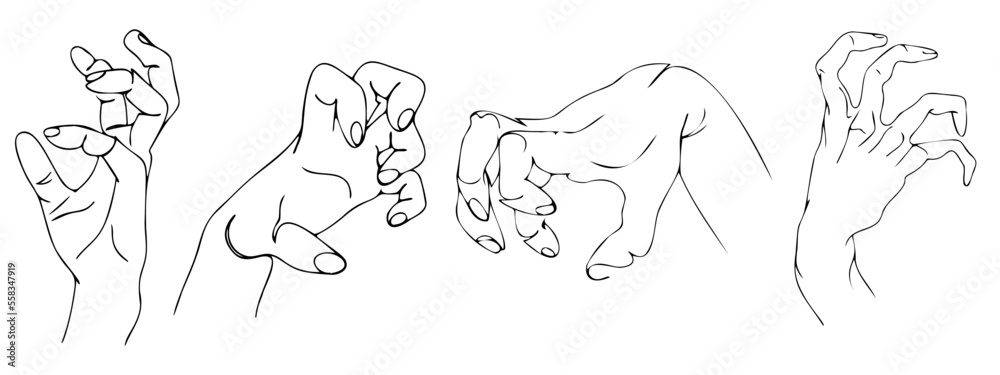 Fototapeta premium Zombie hands, scary silhouette. Halloween vector icon. Clip art hand gestures. Set of scary halloween hand gestures. Creepy hand element.