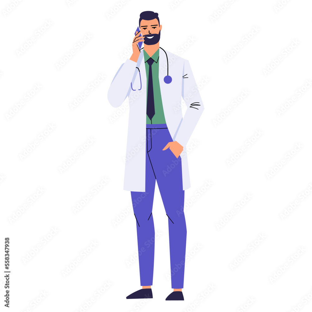 A bearded doctor is talking on a mobile phone. Call, phone consultation. A medical worker with a stethoscope and in a white coat. Smiling character isolated on white background. Flat vector. A bearded doctor is talking on a mobile phone. Call, phone consultation. A medical worker with a stethoscope and in a white coat. Smiling character isolated on white background. Flat vector.