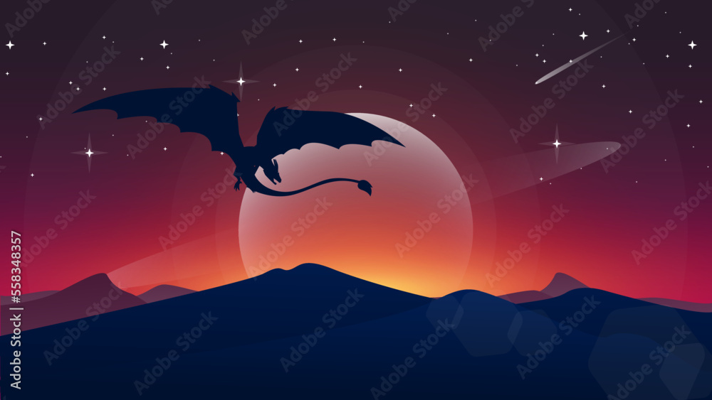 flying dragon walpaper. mountain background. fantasy wallpaper with mythological animal. fantasy walpaper for desktop. fantasy sunset walpaper. 