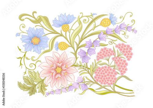 Decorative flowers and leaves in art nouveau style, vintage, old, retro style. Clip art, set of elements for design Vector illustration.
