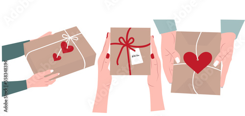 Different female female hands hold present box gift wrapped into kraft paper, on white. Flat vector illustration. Valentine's day concept.