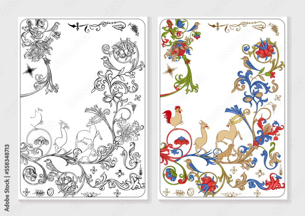 Floral and animal vintage Medieval illuminati manuscript inspiration. Romanesque style. Coloring