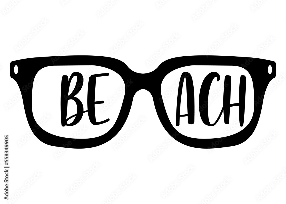 Fototapeta premium Logo destino de vacaciones. Silueta aislada de gafas de sol con palabra Beach en texto manuscrito