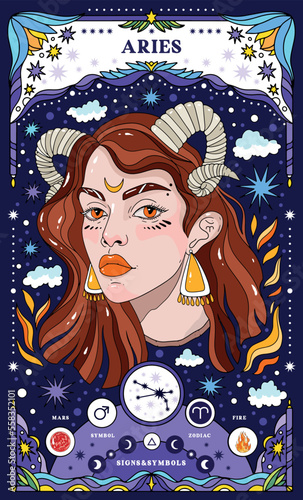 Aries sign of the zodiac. Modern magical astrological map. Magical girl, stars, moon, constellation, hand-drawn signs. Vector illustration