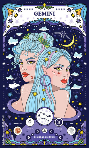 Gemini sign of the zodiac. Modern magical astrological map. Magical girl, stars, moon, constellation, hand-drawn signs. Vector illustration
