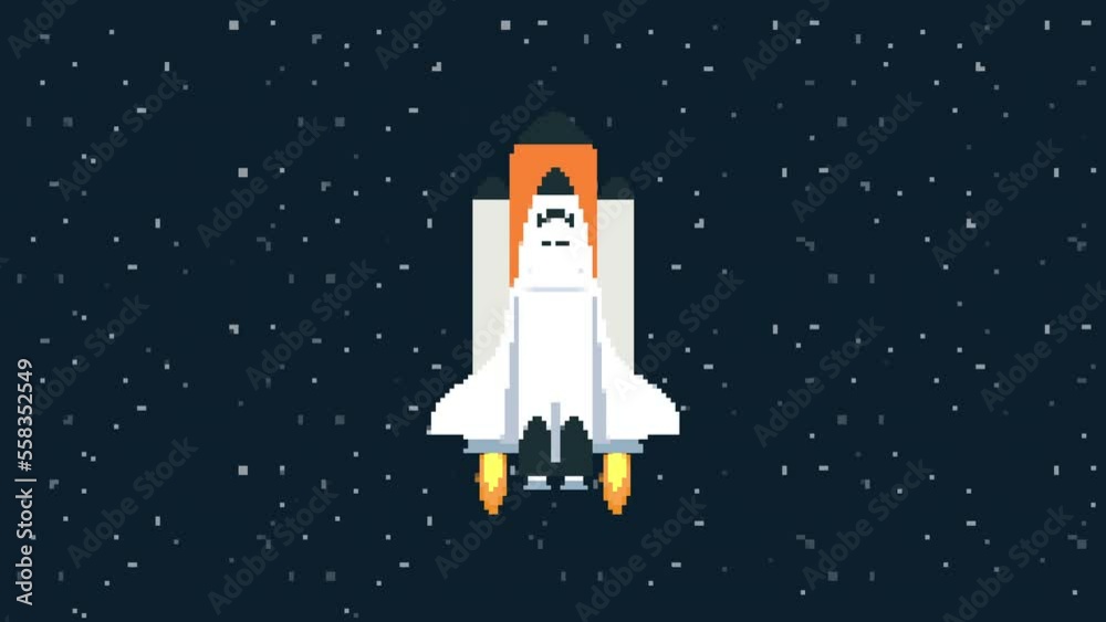 Pixel Shuttle in space animation. pixel art looped animation. Spacecraft flying in dark galaxy computer game video.