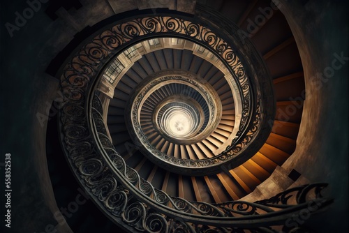 a spiral staircase in a building with a light at the end of it's spiral staircase, looking down at the floor and the top of the spiral stairs, with a light at the end of the. photo