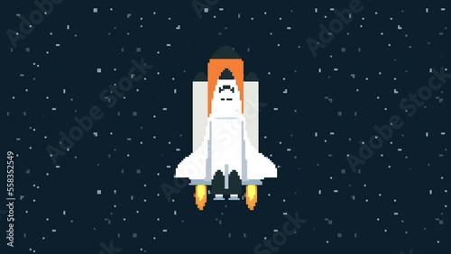 Pixel Shuttle in space animation. pixel art looped animation. Spacecraft flying in dark galaxy computer game video.