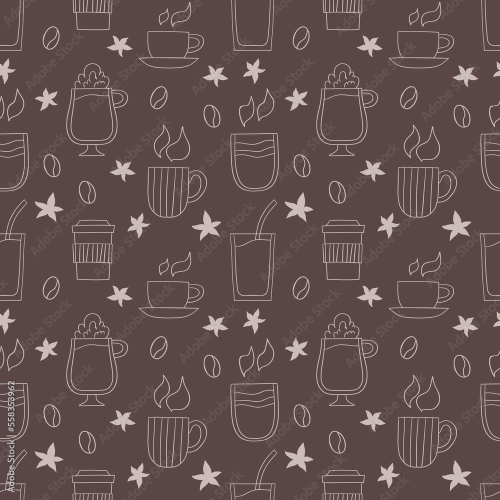 Seamless pattern with cups and mugs of coffee, latte, capuccino, americano. Pattern with coffee beans and flowers. Vector illustration