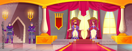 Cartoon king and queen in gold crown on throne in medieval castle