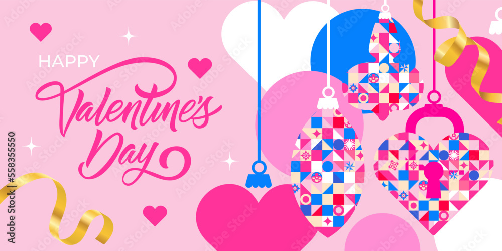 Happy Valentine's Day!
Modern banner design. Toys and hearts in a geometric style and a variety of textures.
Made in bright colors.
Great for social media, card, poster or holiday cover.